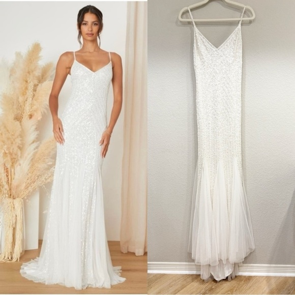 Lulus Dresses & Skirts - NWOT Lulus Adoring Devotion‎ White Mesh Beaded Sequin Mermaid Maxi Dress